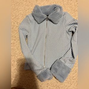 blue fuzzy zip-up top